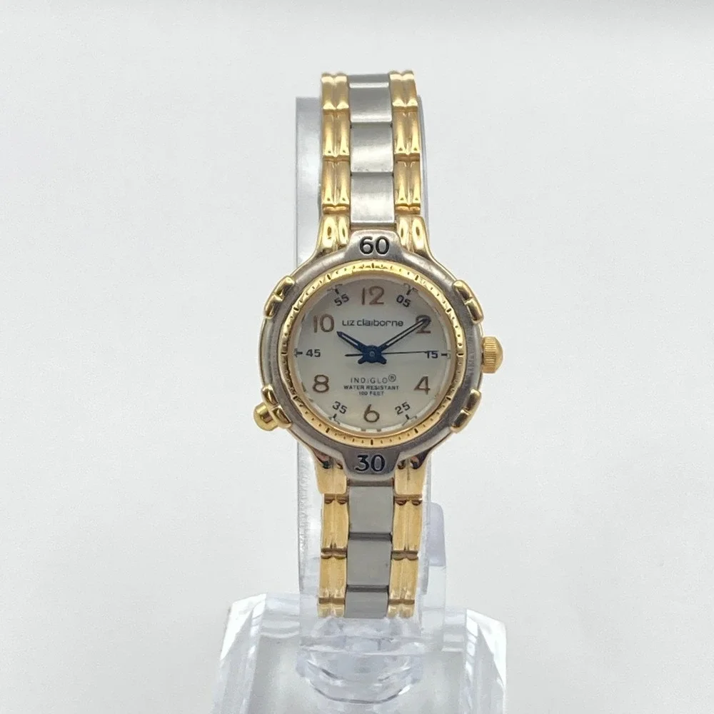 Vintage Liz Claiborne Womens Watch Indiglo Silver Gold Tone New Battery SMALL 6